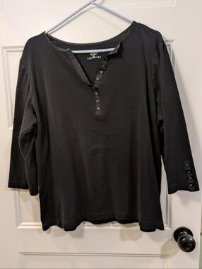 dressbarn Black Long-Sleeve Henley with Button Placket
